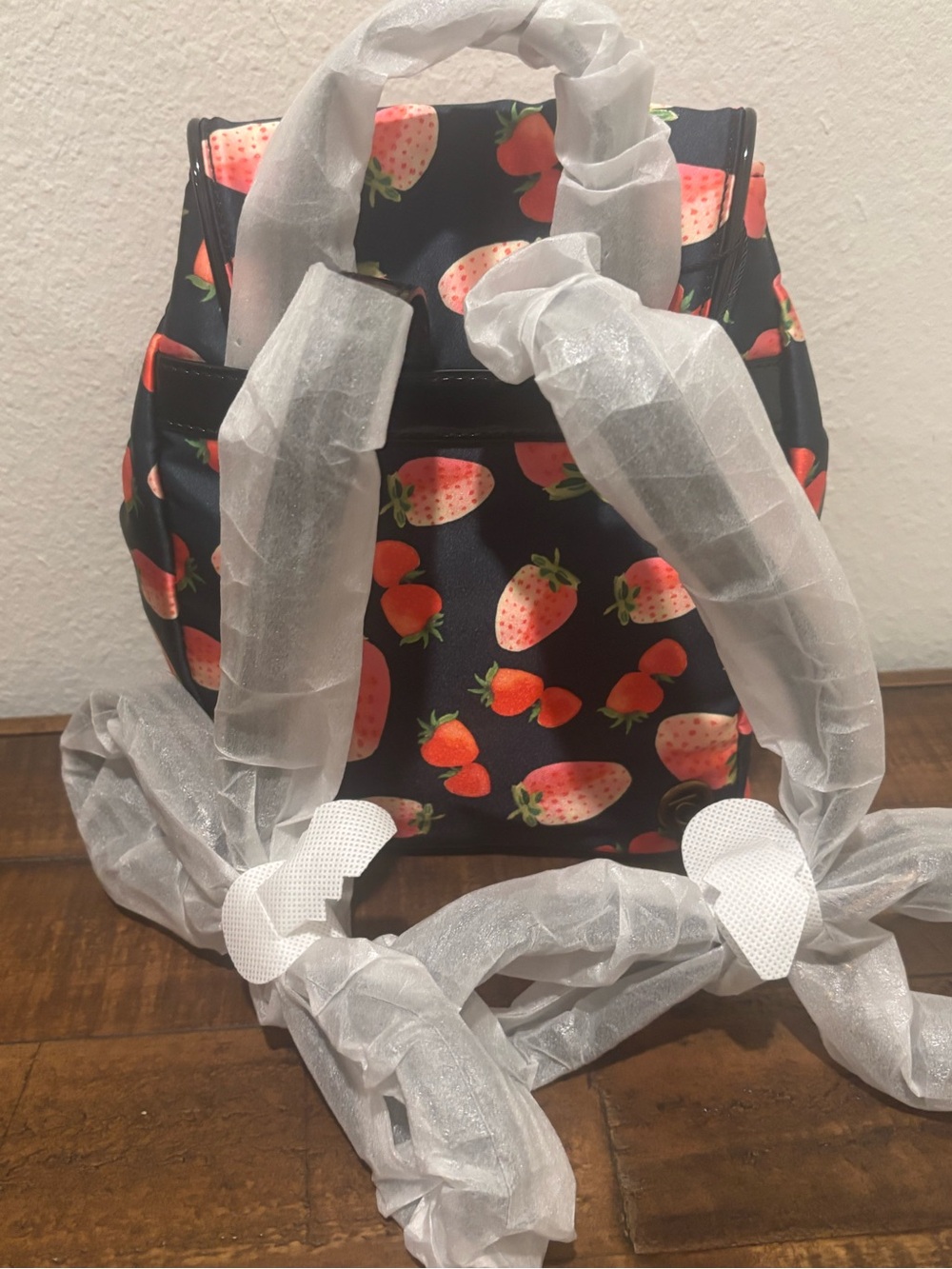 Kurt Geiger Navy Backpack with Red Strawberry Print - Picture 5 of 10
